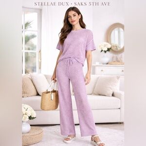 Stellae Dux Saks 5th Ave Lavender Crochet Resort Lounge Set Wide Leg Outfit